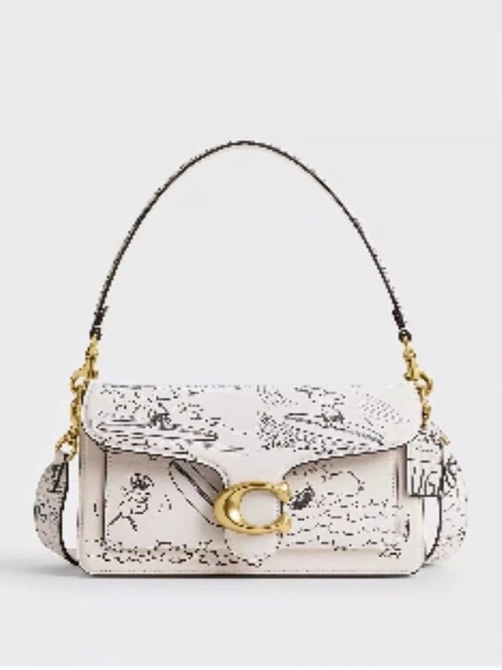 Coach X Peanuts Tabby Shoulder Bag 26 With Newspaper Print White & Black